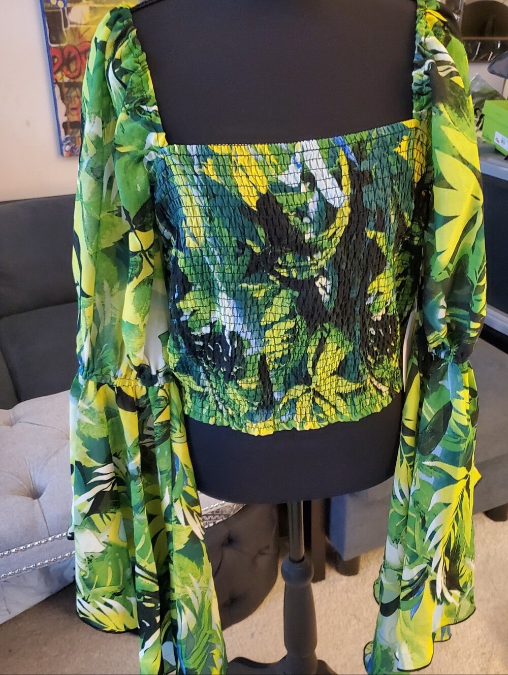 Women's Boho Chic Green Tropical Smocked Off-Shoulder Crop Top SIZE  XL NWT